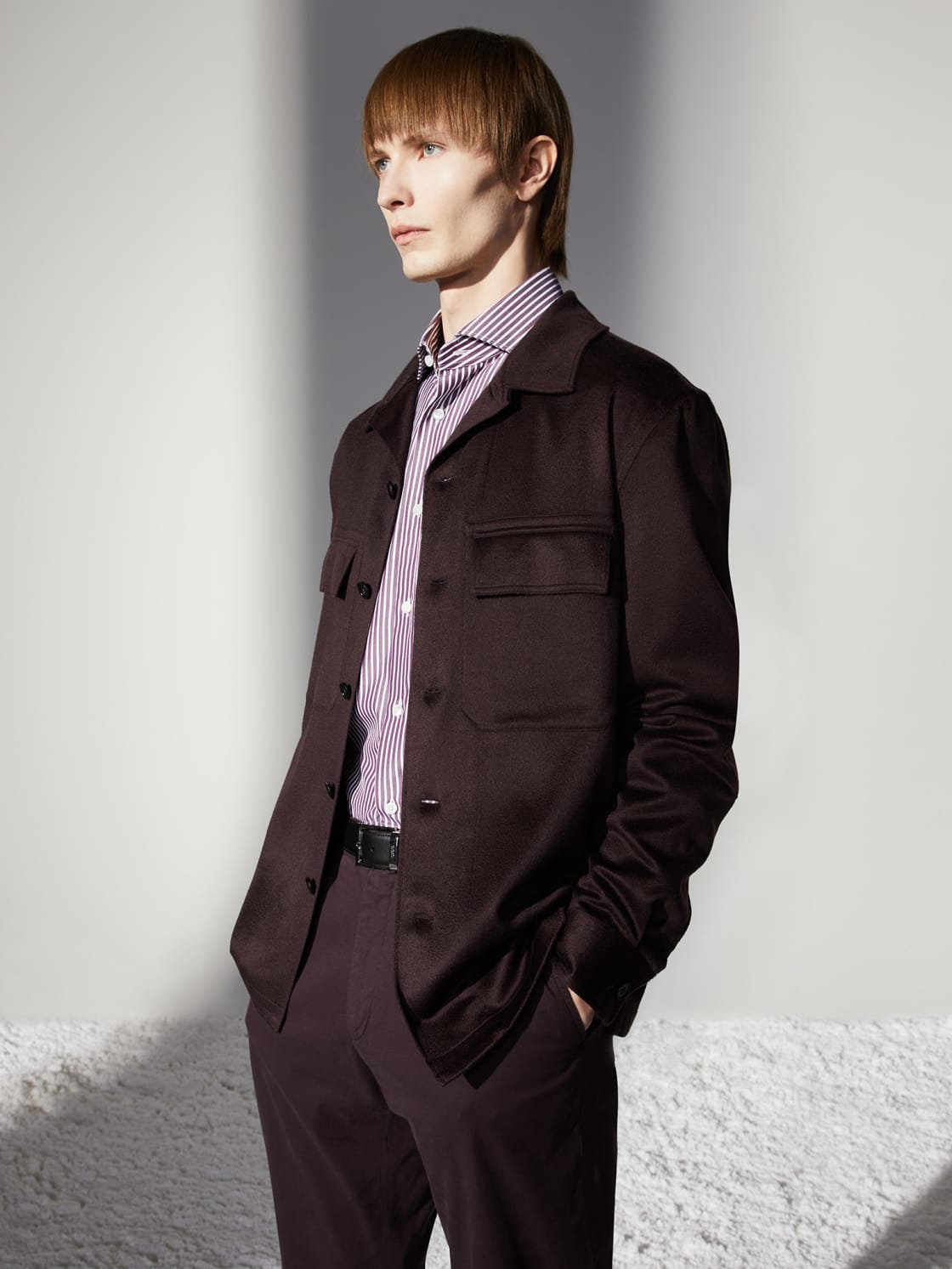 Male model with dark purple outfit